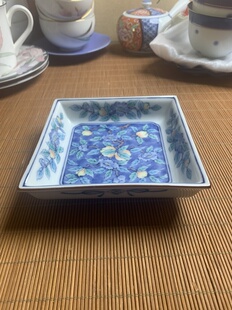 日本回流瓷器橘吉蓝字款方钵二手轻微划痕污渍