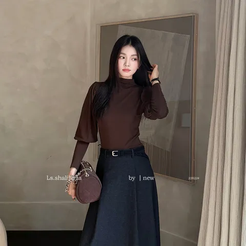 2025十三行女装打底衫半高领新品LS优雅纯色广州早秋复古#22822