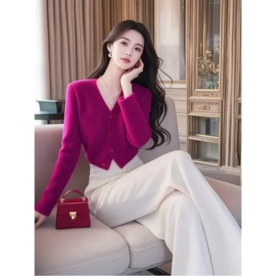 秋季绝美气质小香风玫红色毛衣裤子名媛套装穿搭独特一整套高级感