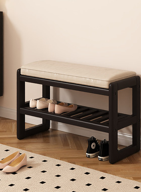 实木换鞋凳简约家用进门口穿鞋凳软包坐垫可坐式入户黑色鞋柜坐凳