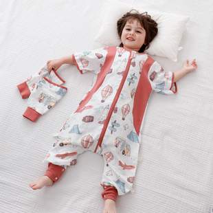 婴儿童纯棉纱布分腿睡袋春夏四季薄款宝宝睡衣可拆袖防踢被子神器