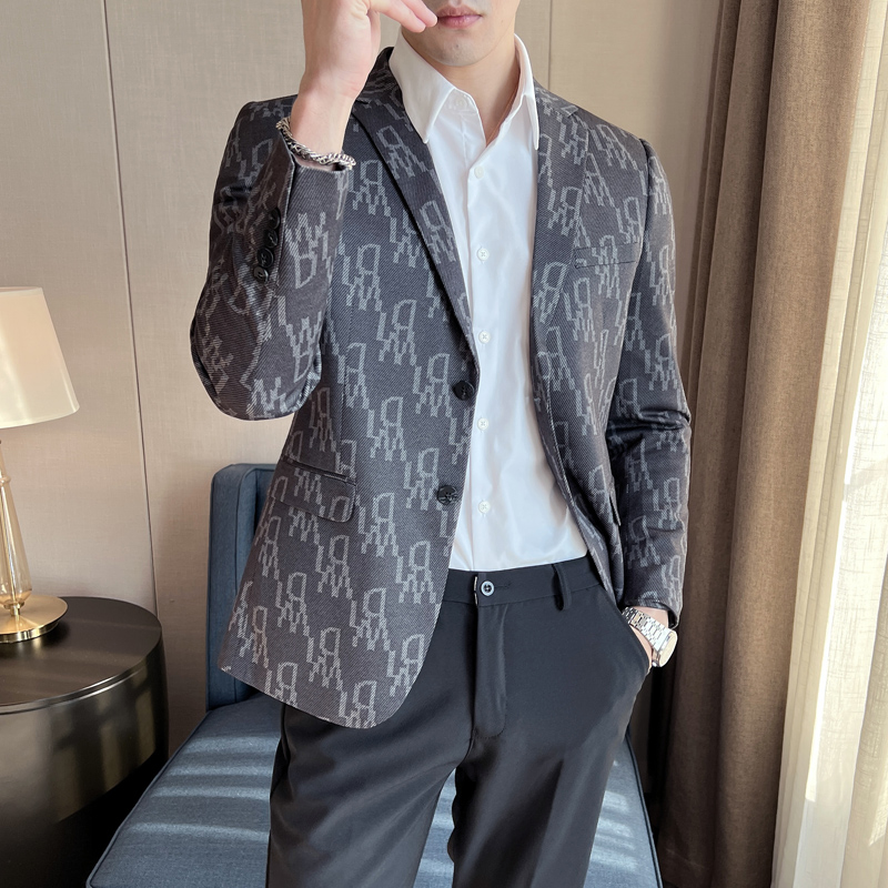 雷蒙轻奢绅士风新款西服男植绒提花修身单西外套青年休闲商务西装