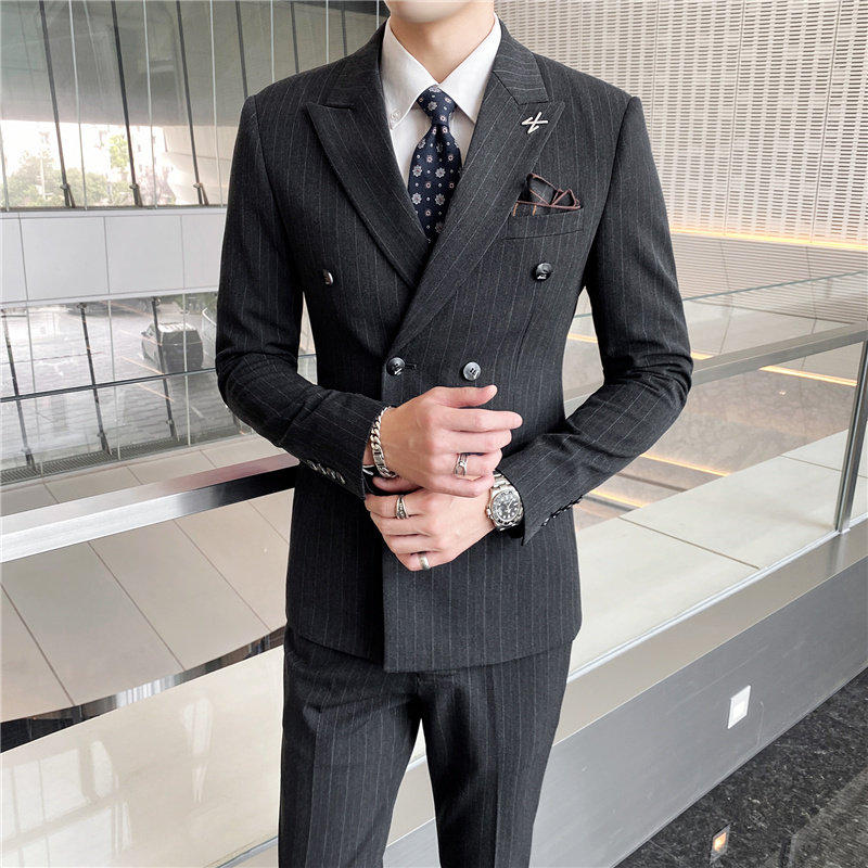 雷蒙高定西装套装男高级感条纹双排扣西服三件套新郎结婚礼服伴郎