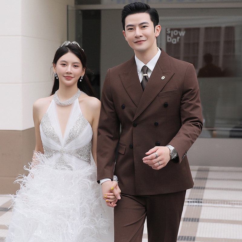 雷蒙西装套装男双排扣杏色商务正装新郎结婚礼服高级感西服三件套