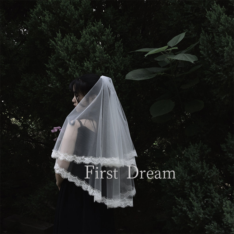 FirstDream新款包邮结婚礼复古白色双层蕾丝花边新娘头饰婚纱头纱