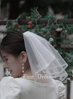 FirstDream2022新款结婚领证拍照道具白色双层短款新娘法式小头纱