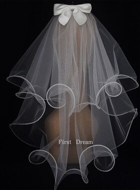 Firstdream新款韩式领证登记拍照轻头纱新娘求婚短发白蝴蝶结头饰