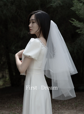 FirstDream新娘头饰领证简约结婚旅拍照主婚纱中长款白色求婚头纱
