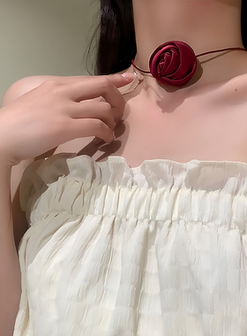 黑色颈花项链女choker脖子配饰小众设计项圈玫瑰花山茶花颈链