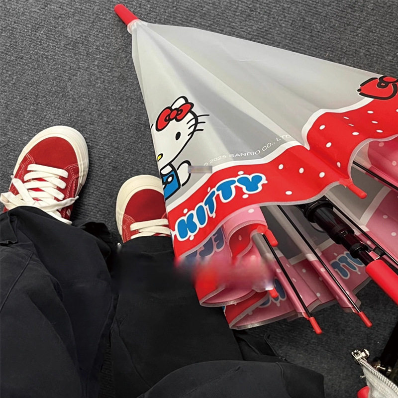 三丽鸥HelloKitty长柄透明伞8骨手开卡通可爱雨伞黑胶晴雨两用
