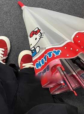 三丽鸥HelloKitty长柄透明伞8骨手开卡通可爱雨伞黑胶晴雨两用