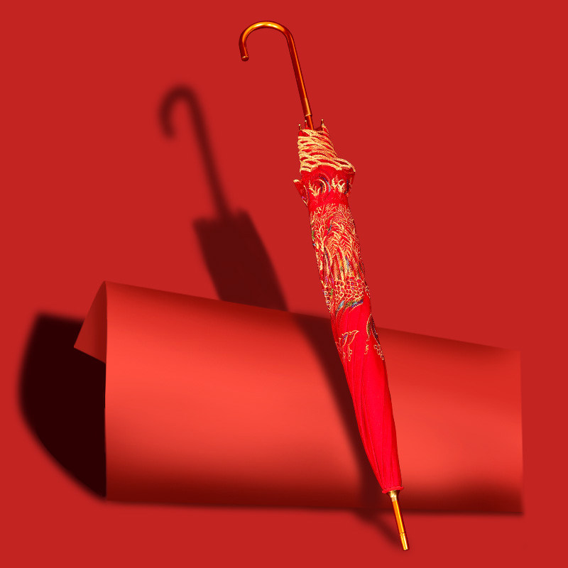 红伞结婚新娘伞婚庆出嫁伞蕾丝花边中式婚礼长柄雨伞复古接亲婚伞