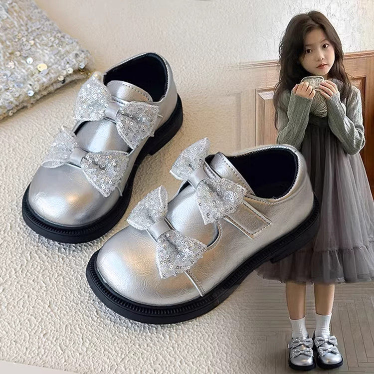 女童皮鞋银色蝴蝶结公主鞋子秋冬季新款小女孩洋气韩版单鞋宝宝鞋