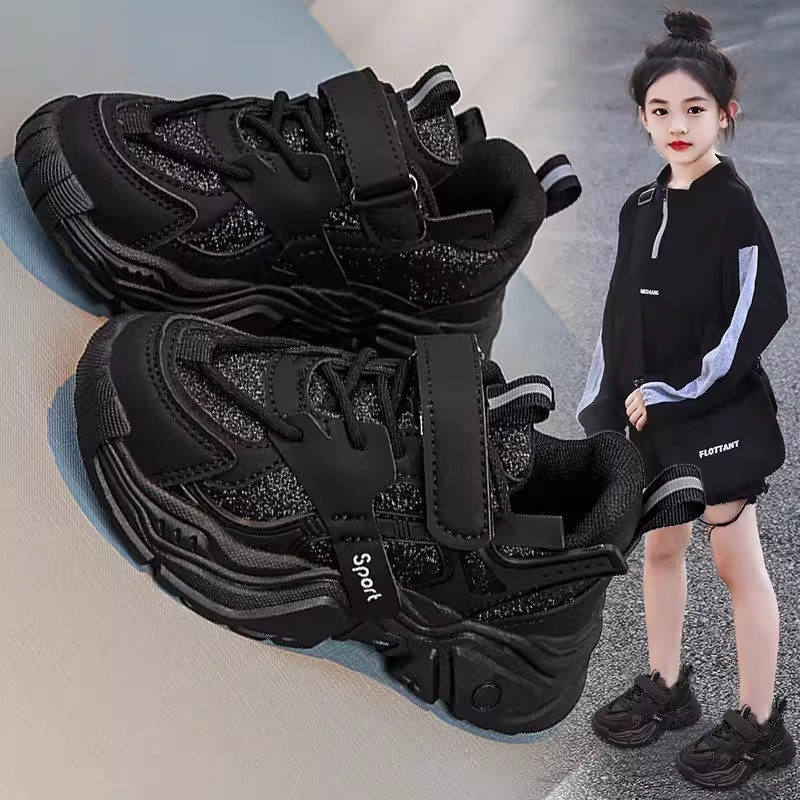 童鞋女童秋冬季2025新款儿童运动老爹鞋黑色透气女孩中大童跑步鞋