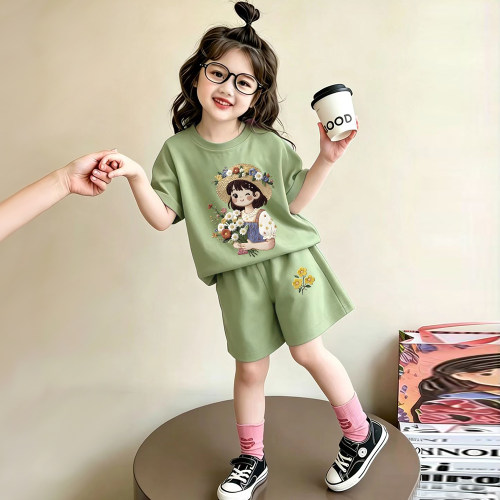 女童纯棉夏装套装薄款夏日新款洋气女宝宝短袖短裤两件套儿童衣服