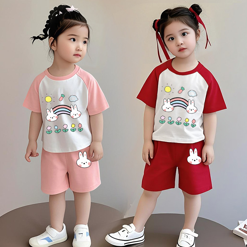 女童夏装套装2026新款夏季纯棉薄款儿童短袖短裤外穿炸街两件套潮