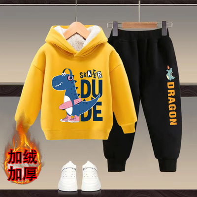 男童加绒卫衣套装冬季儿童洋气加厚连帽衣服中小童宝宝运动两件套