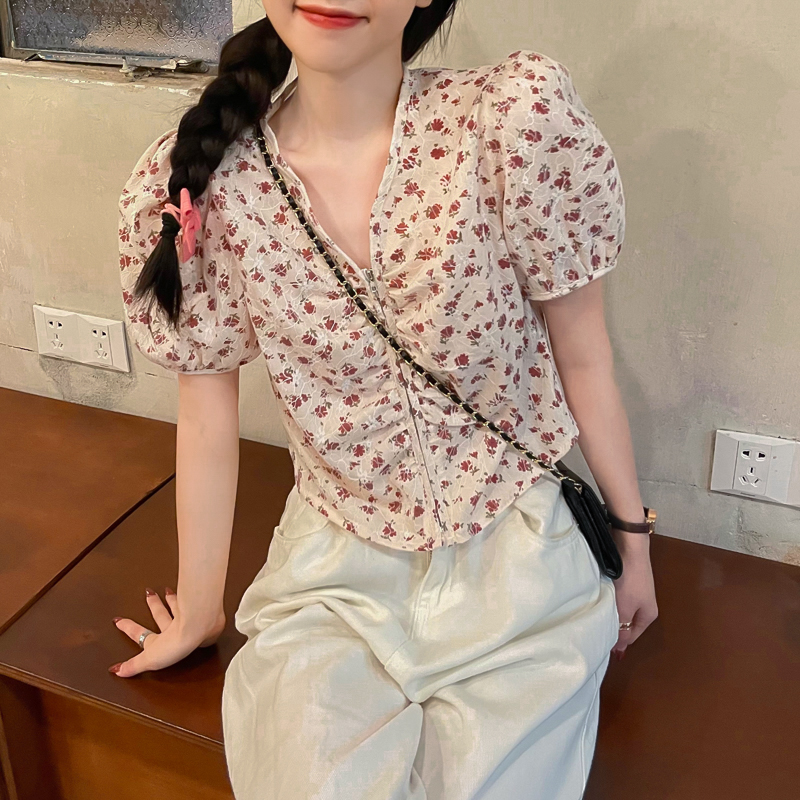 French V-neck close waist short bubble sleeve zipper Floral Shirt