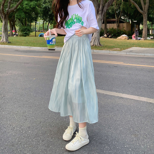 Real shooting and real price new summer versatile foreign style elastic waist wrinkled high waist skirt