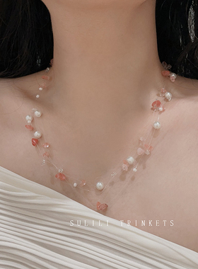 夏日度假风彩色粉色天然石叠戴珍珠项链女高级冷清感锁骨链颈链女