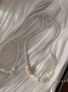 彩色天然石碎银子拼接项链女高级感小众精致百搭锁骨链度假风颈链