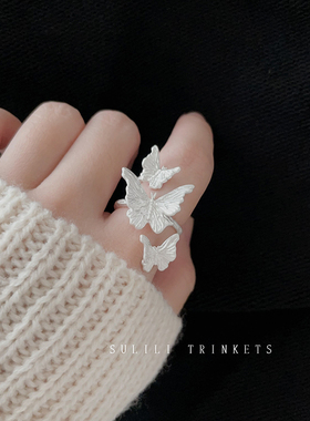 银色蝶栖戒指女小众设计高级感时尚轻奢甜酷蝴蝶环绕食指戒指环女