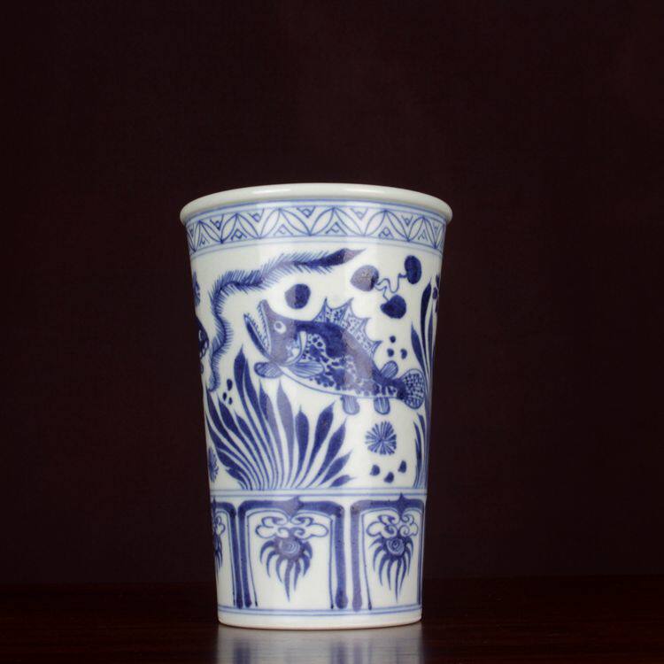 在溪窑 复古元青花手绘鱼藻龙可乐杯啤酒杯主人杯复古玩陶瓷器