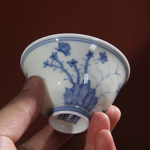 景德镇仿古成化青花手绘三秋杯茶杯品茗单杯中式主人杯古玩陶瓷器