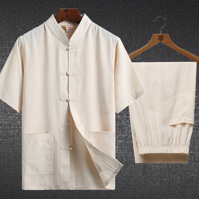 夏季中老年亚麻唐装短袖套装士中式汉服中国风棉麻居士服式
