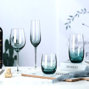 创意彩杆高脚杯水晶玻璃红酒杯蓝杆渐变水杯北欧香槟杯高级感酒具