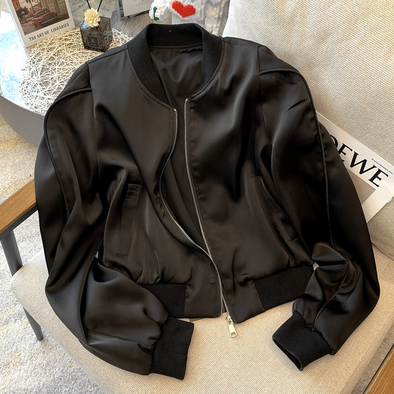 韩国黑色短款外套时尚休闲飞行运动拉链夹克春秋洋气垫肩棒球服女