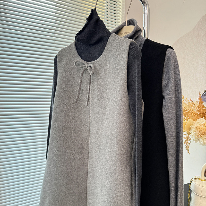 高端厚款中长款两侧口袋直筒显瘦蝴蝶结背心连衣裙外穿毛呢裙秋冬