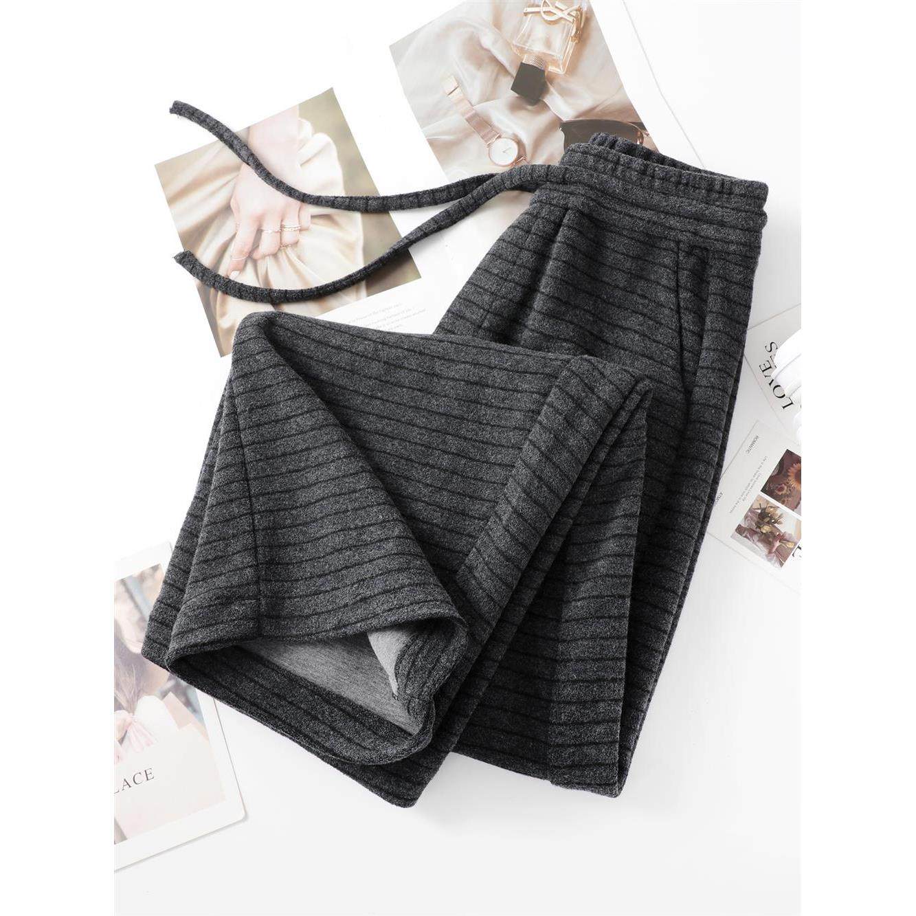 条纹羊毛阔腿裤宽松慵懒风休闲裤女秋冬新款小个子高腰加绒运动裤,女装/女士精品,大码裤装,淘宝优惠券,粉丝福利购,淘宝优惠卷