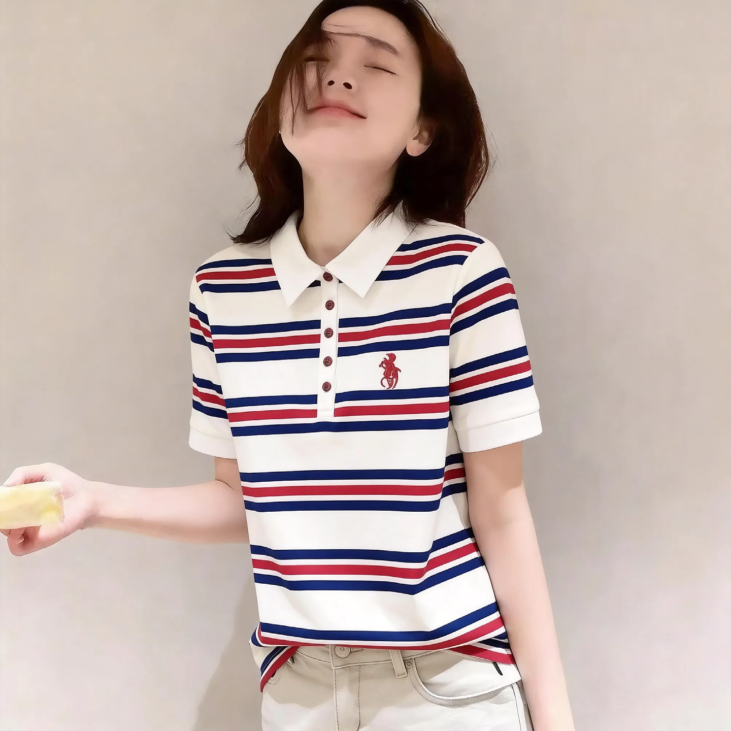 韩国潮牌设计感条纹polo衫短袖T恤女夏新款超好看宽松运动风上衣