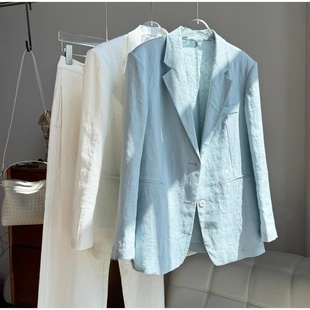 韩国高级感天蓝色气质100%亚麻休闲西装2025春夏新款防晒西服外套