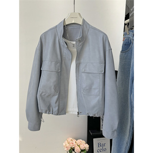 蓝色小清新皮衣外套女春2025新款韩系口袋休闲显瘦短款机车服夹克