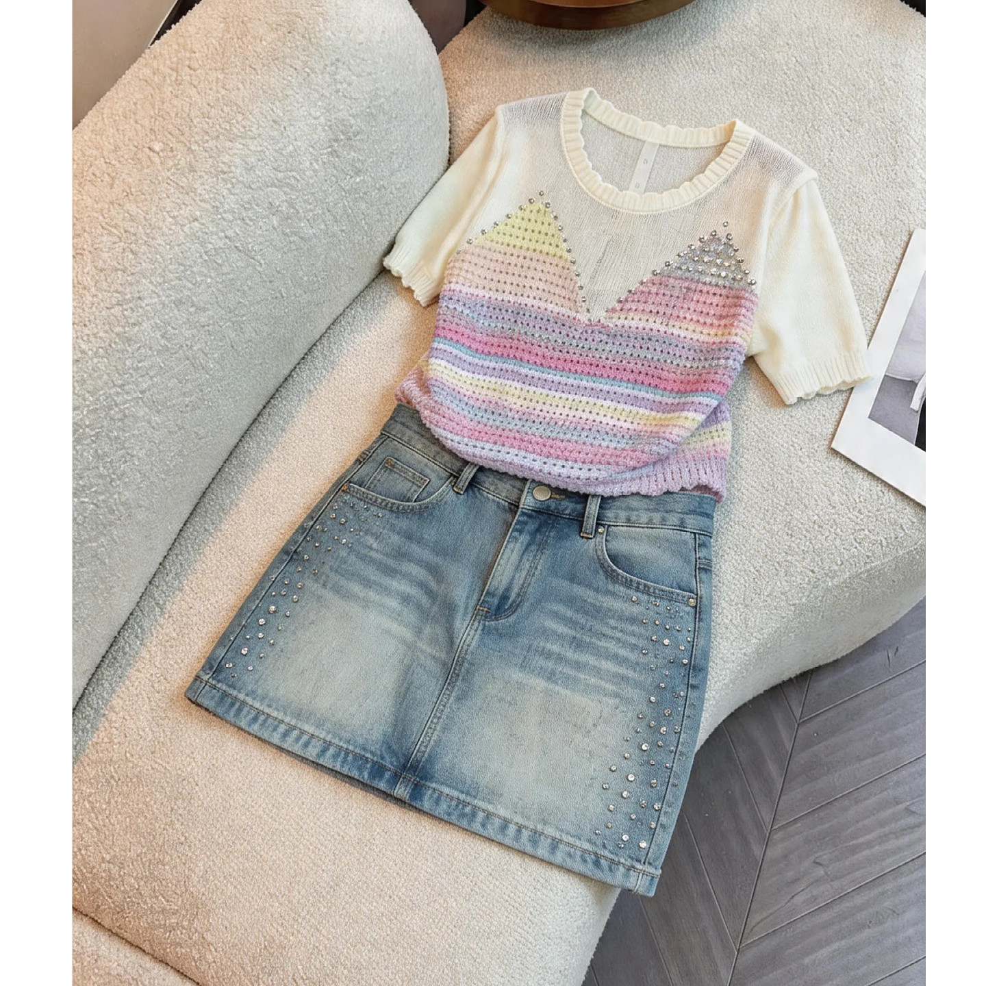 高端小香风彩色条纹短袖针织衫+镶钻牛仔短裙半身裙女时尚两件套