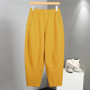 高腰显瘦黄色九分加绒裤 加厚老爹裤 女秋冬新款 韩国中年妈妈哈伦裤