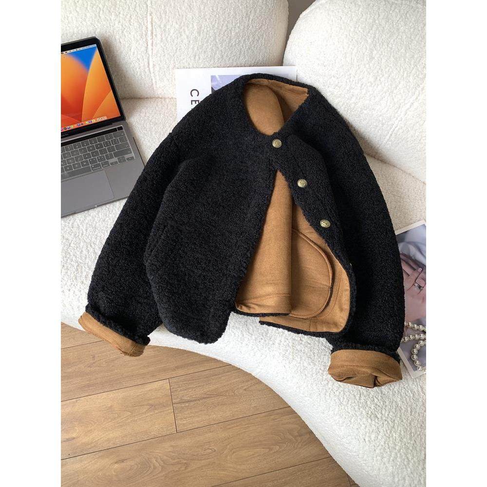 韩国撞色内衬皮毛一体鹿皮绒外套女加厚彷羊羔毛短款夹克冬小个子