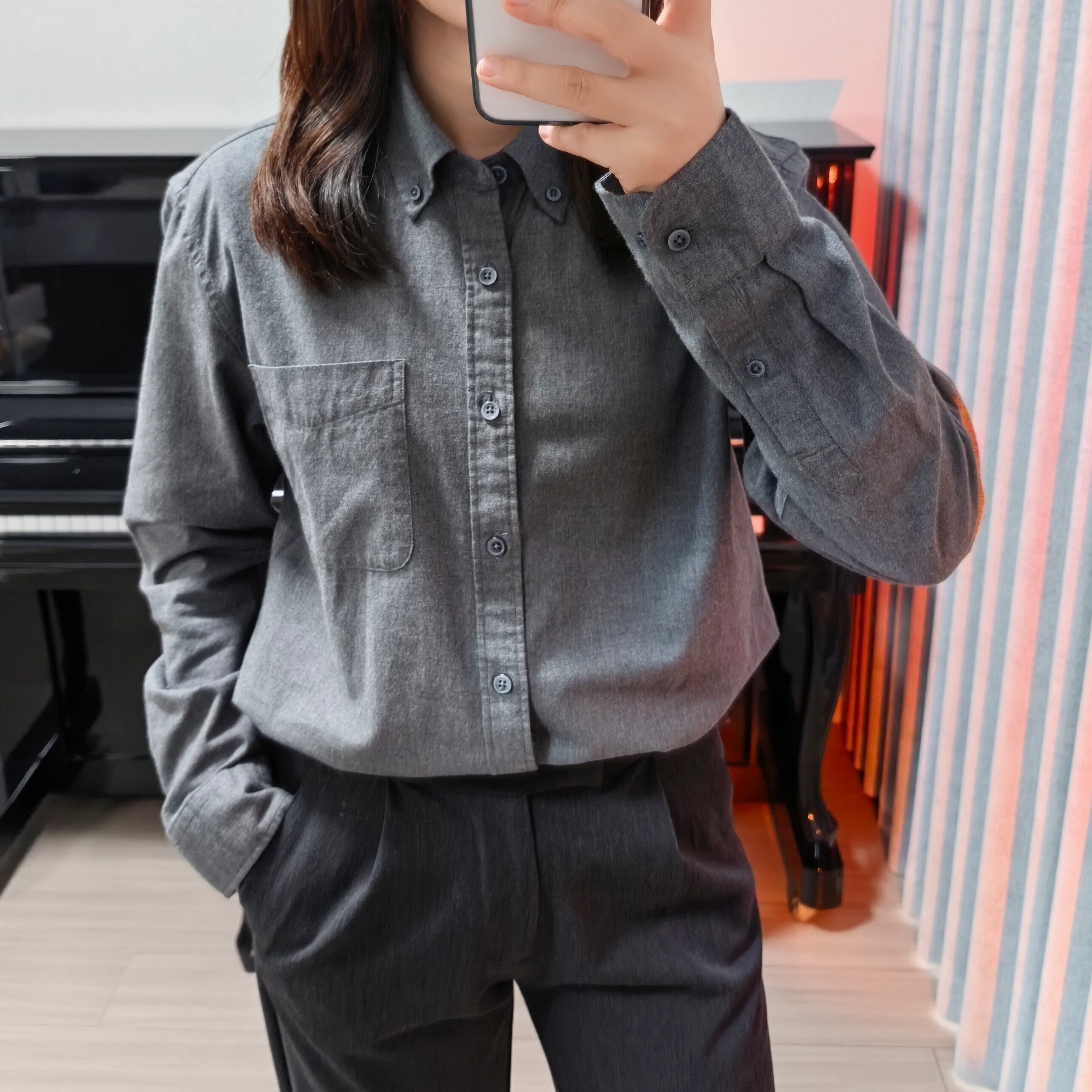 韩国职场气质简约时尚口袋灰色衬衫女士春秋新款休闲通勤棉质衬衣