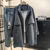 韩国灰色纯棉风衣外套女中长版 设计感单排扣立领上衣 2025春秋新款