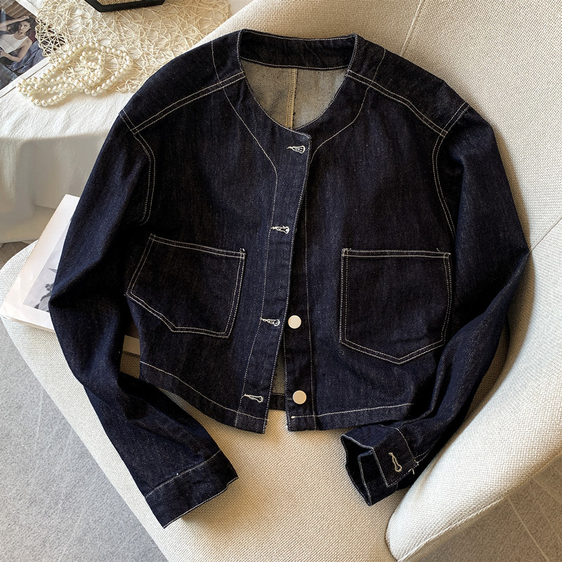 韩国短款牛仔外套女圆领小清新休闲2024春秋小个子复古夹克棒球服