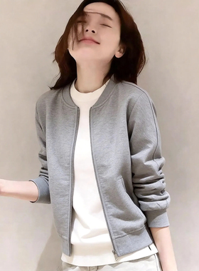 韩国高端灰色圆领棒球服外套女春秋新款百搭洋气卫衣拉链开衫外套