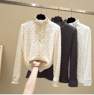 爆款网纱绣花长袖加厚加绒打底衫立领蕾丝衫女秋冬修身洋气衬衫潮