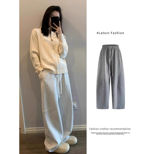 灰色阔腿镰刀裤女2024秋冬新款安可雷穿搭高腰运动卫裤加绒香蕉裤