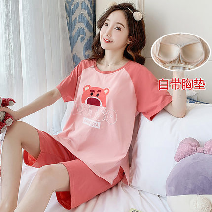 睡衣女款夏季带胸垫棉可爱学生卡通2025年新款时尚短袖外穿家居服