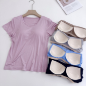 莫代尔棉带胸垫T恤女夏季 免穿文胸纯色单上衣瑜伽家居睡衣 薄短袖