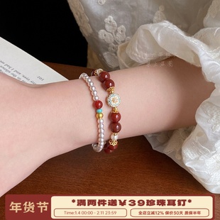 李大爷的店 绛红凝露玛瑙绿松石新中式国潮手串撞色气质手链女