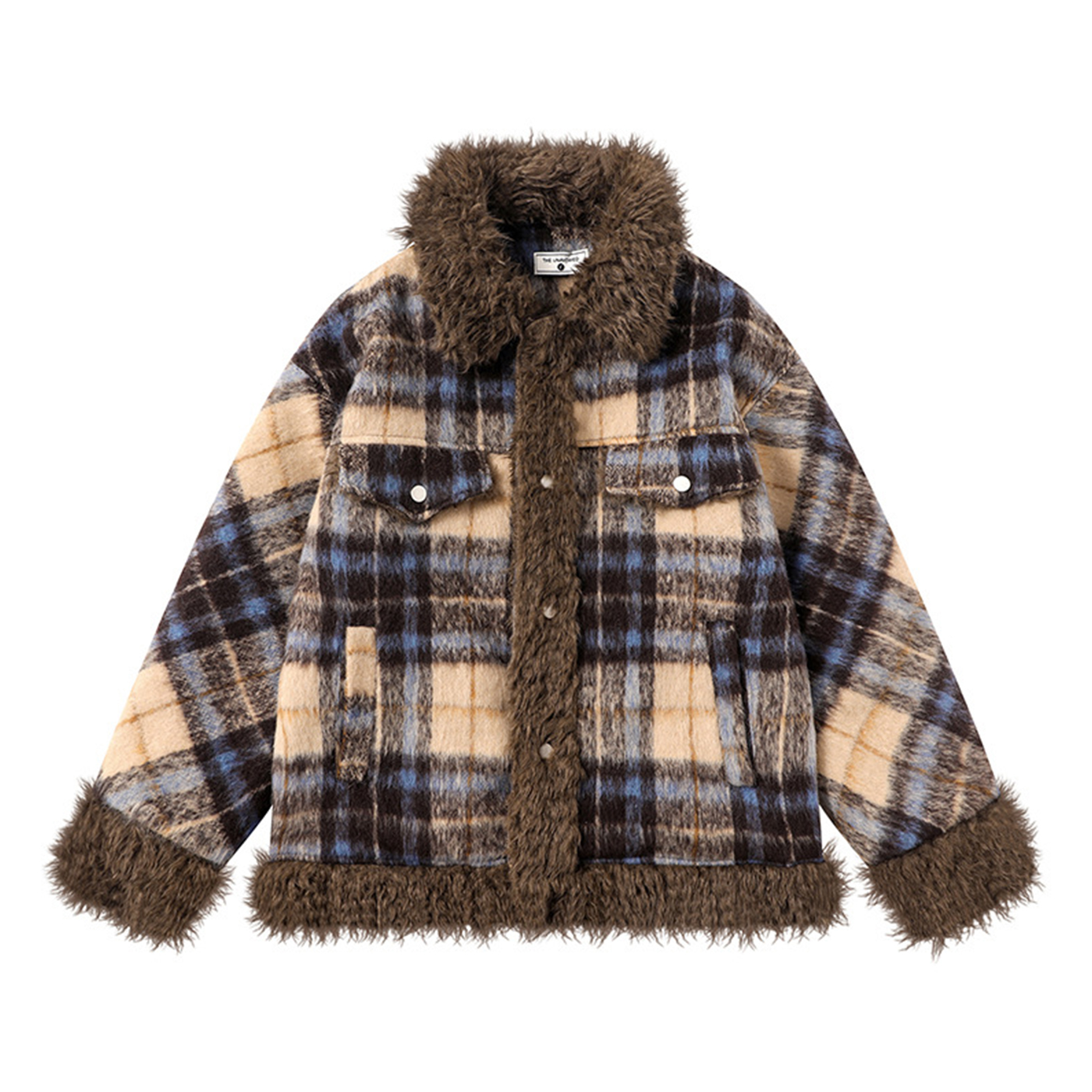复古格子美拉德羊羔毛拼接外套