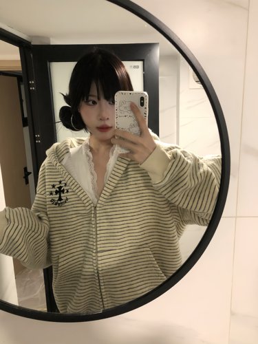 LINKA 25FW美式复古y2k亚文化条纹连帽卫衣外套宽松休闲开衫上衣